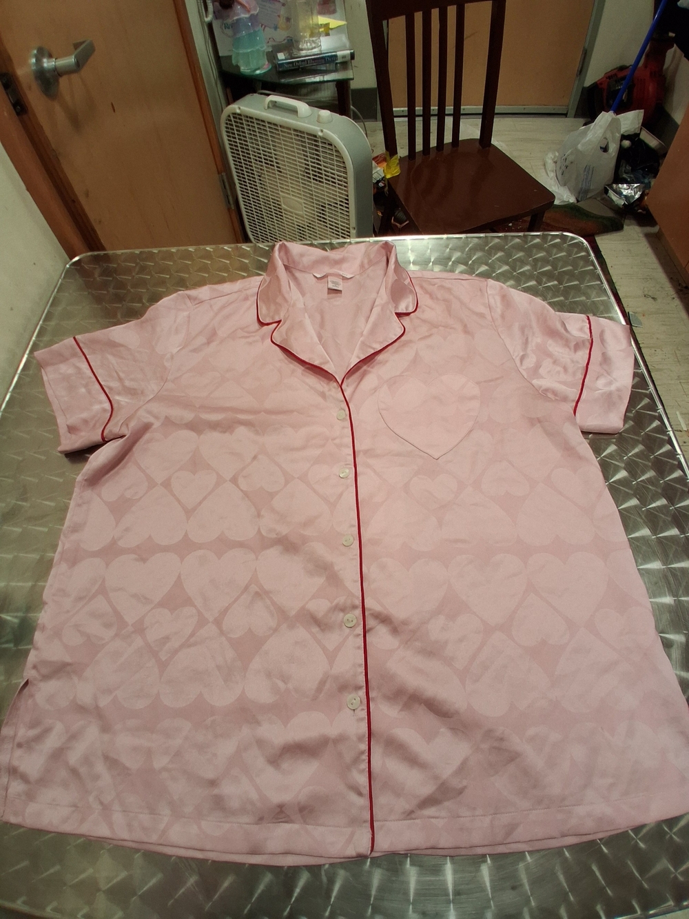 Victoria's Secret Pink Heart-Print Short-Sleeve Pajama Top with Red Piping